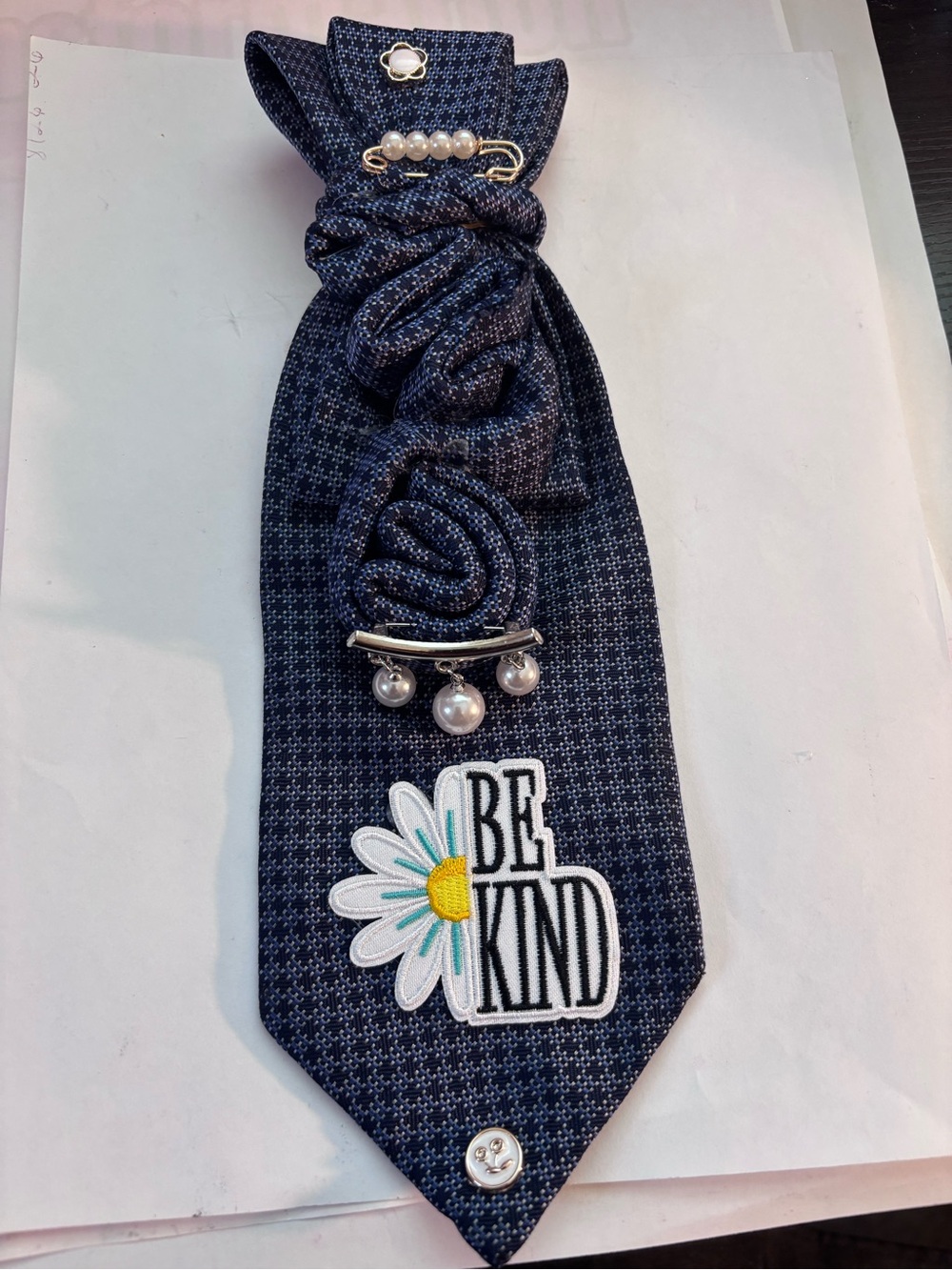 Navy Decorative Women's Neck Tie with Daisy 'Be Kind' Patch and Pearl Accents